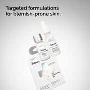 An angled studio shot of The Ordinary Target & Treat Set box and blemish treatments against a gradient backdrop. Overhead text reads: Targeted formulations for blemish-prone skin.